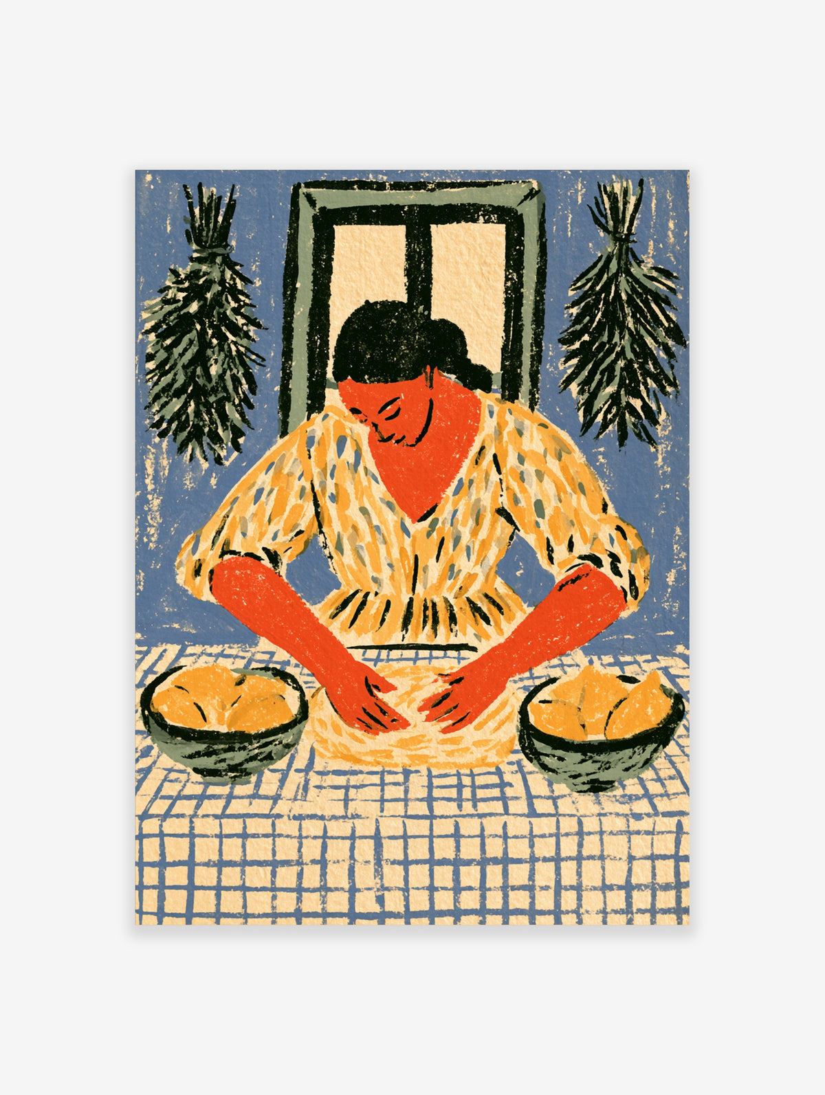 Colourful illustration of a woman kneading dough at a checkered table with fruit bowls and hanging herbs