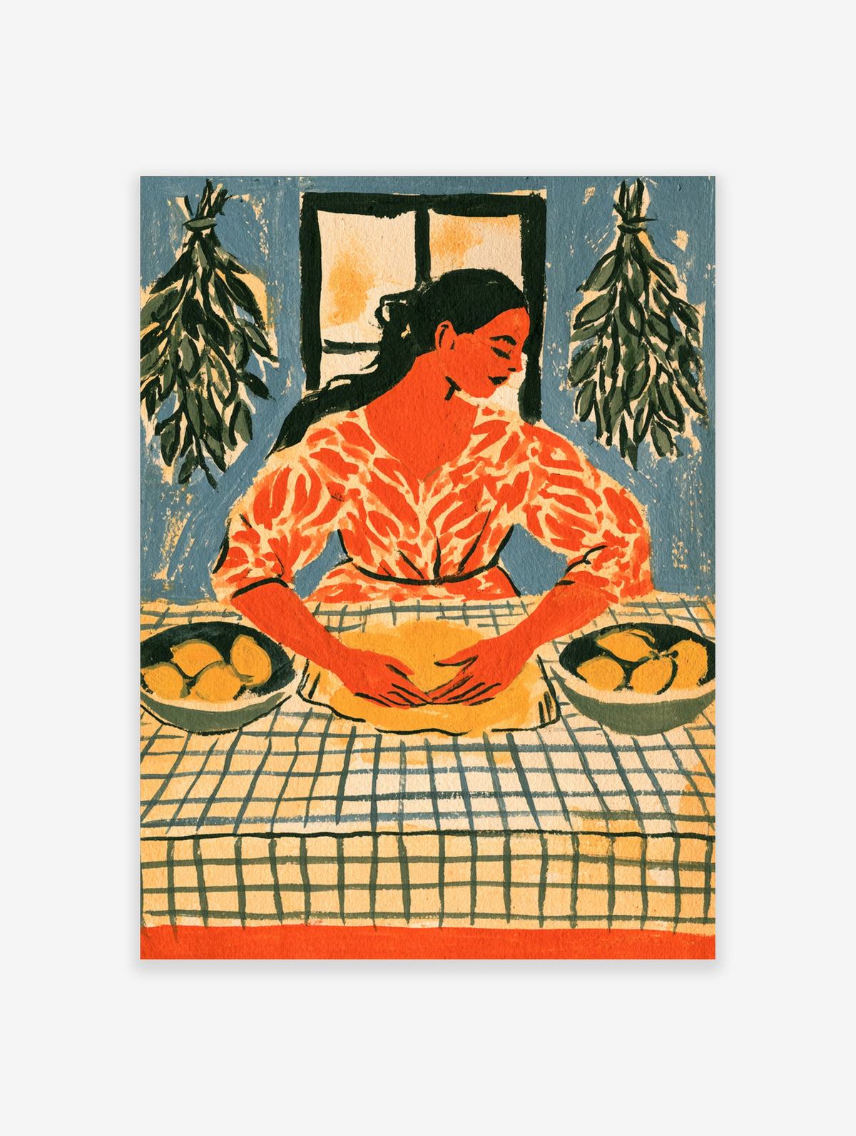 Woman kneading dough on a checkered table with citrus bowls and hanging herbs, orange and blue kitchen poster