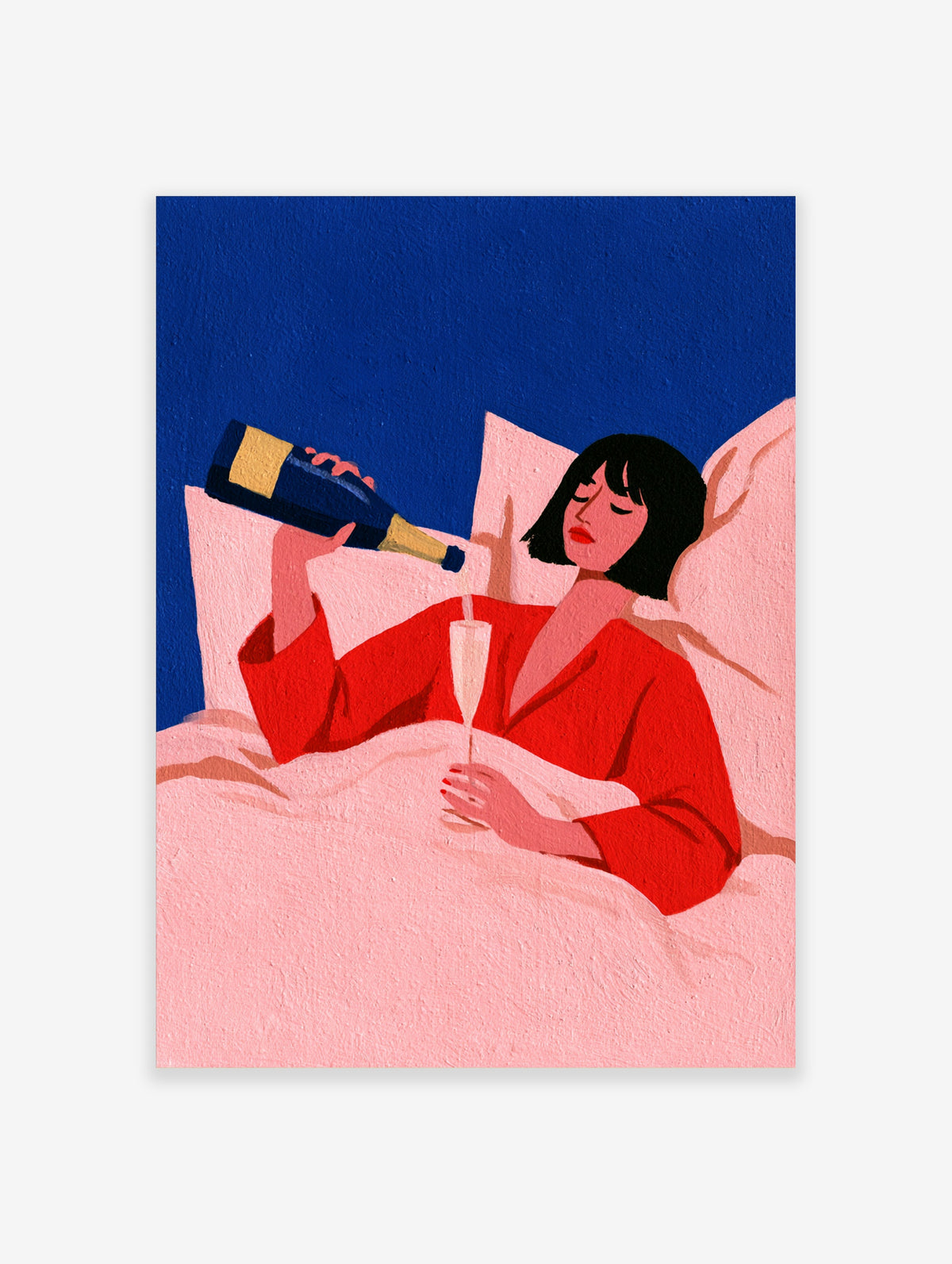 Stylised woman in red robe pouring champagne in bed, deep blue background, pink bedding, modern illustration