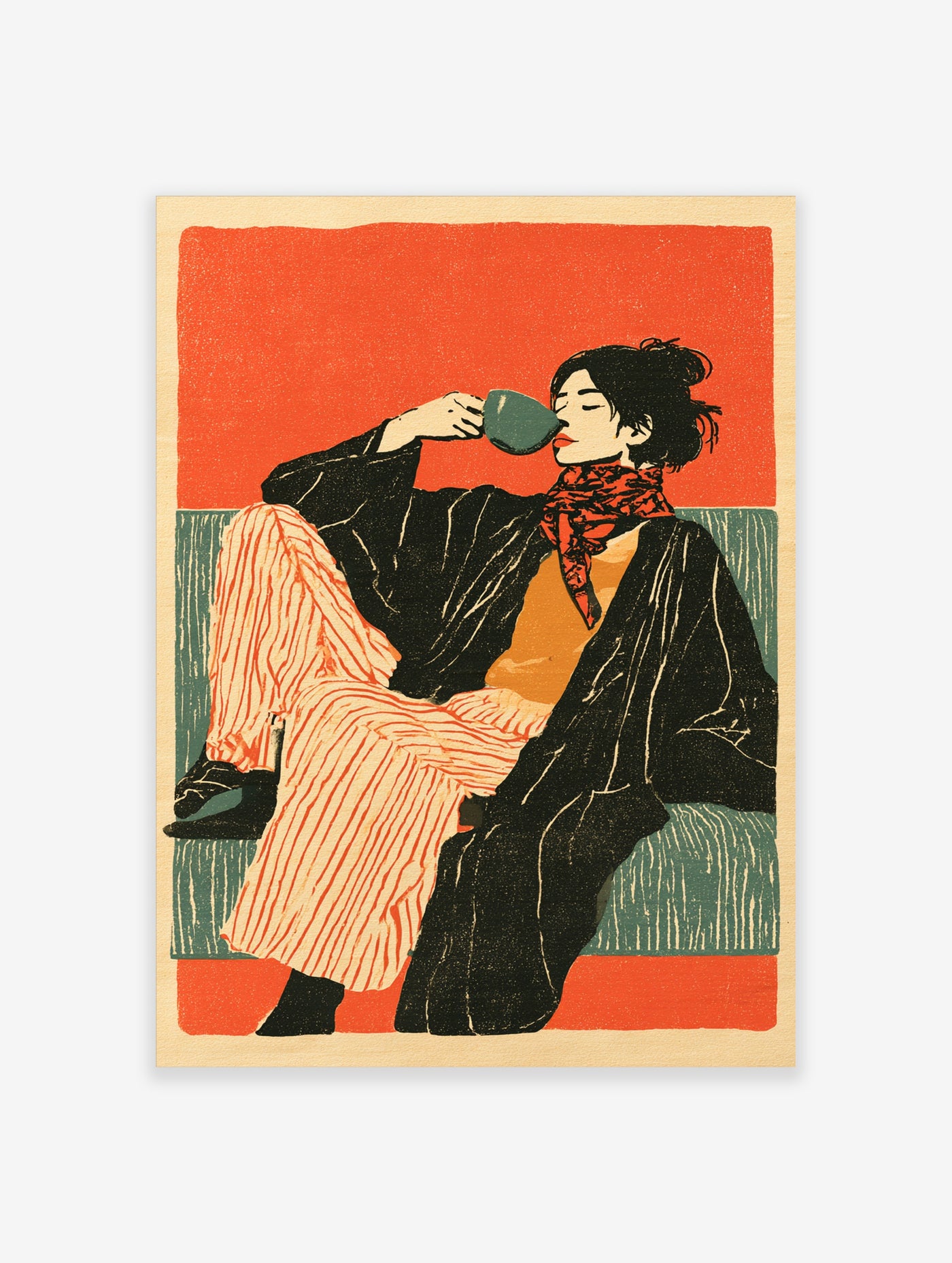 Illustrative art print of a woman drinking coffee, wearing a patterned scarf and striped trousers against a red background