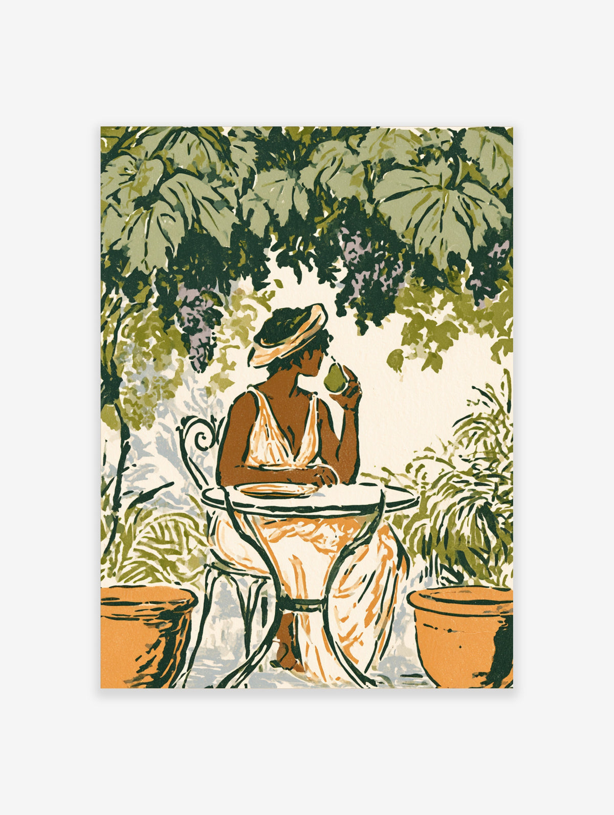 Woman in sun hat drinking from green glass at bistro table under tropical leaves and purple flowers