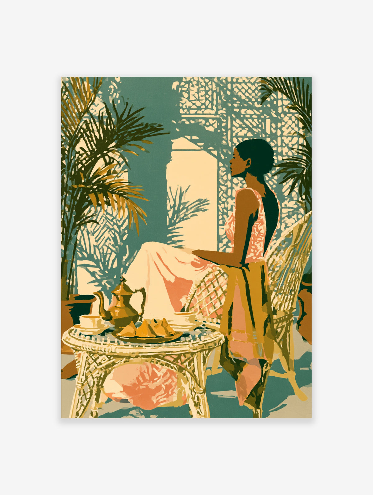 Illustrative art print of a woman seated by a wicker table with teapot and pastries, palm shadows behind