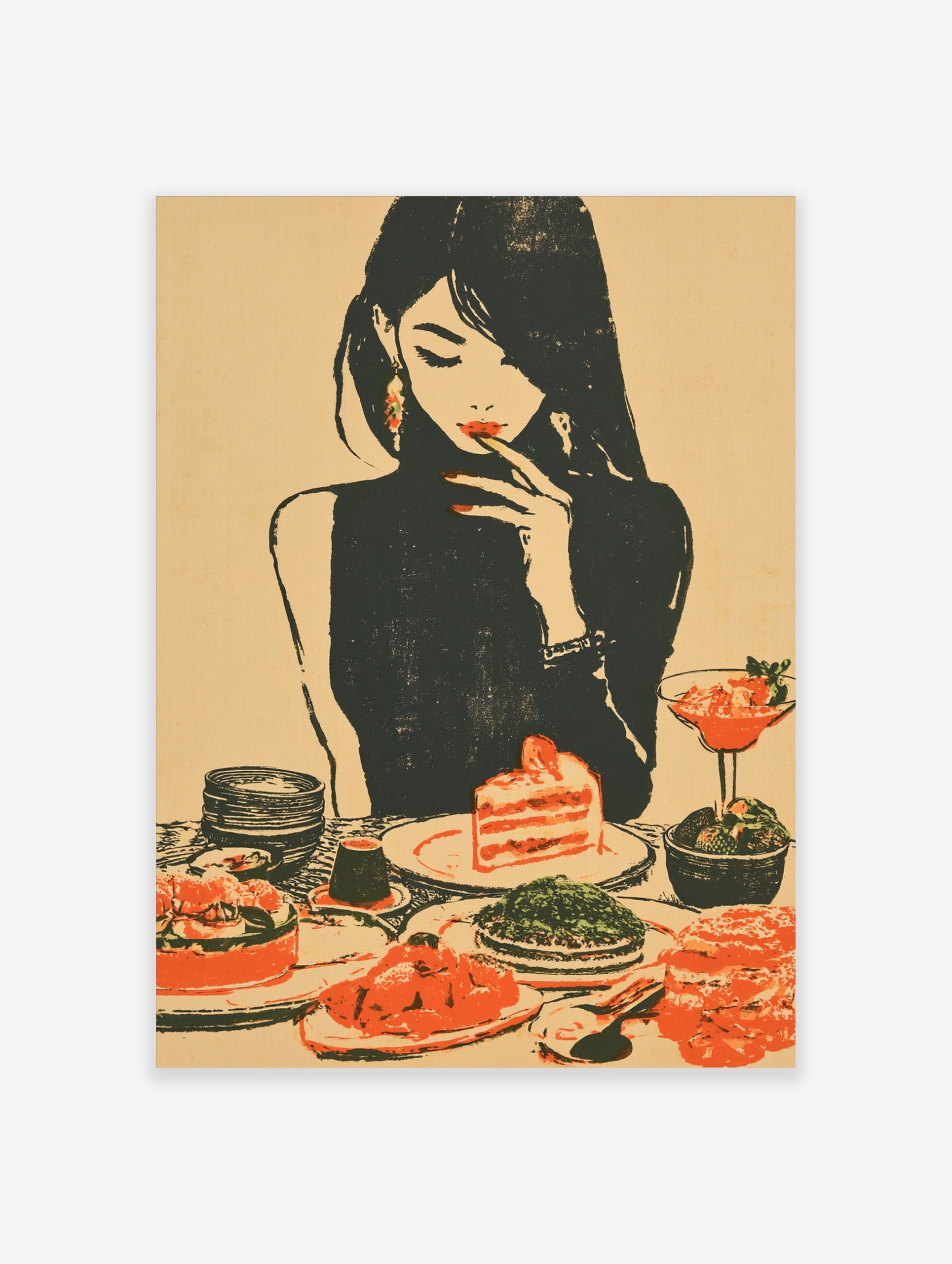 Retro illustration of a woman in a black turtleneck eating strawberry cake with a table full of food, warm palette