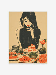 Retro illustration of a woman in a black turtleneck eating strawberry cake with a table full of food, warm palette