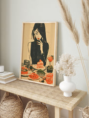 Retro illustration of a woman in a black turtleneck eating strawberry cake with a table full, in an alternate framed mockup