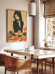 Retro illustration of a woman in a black turtleneck eating strawberry cake with a table full of, in a styled room mockup
