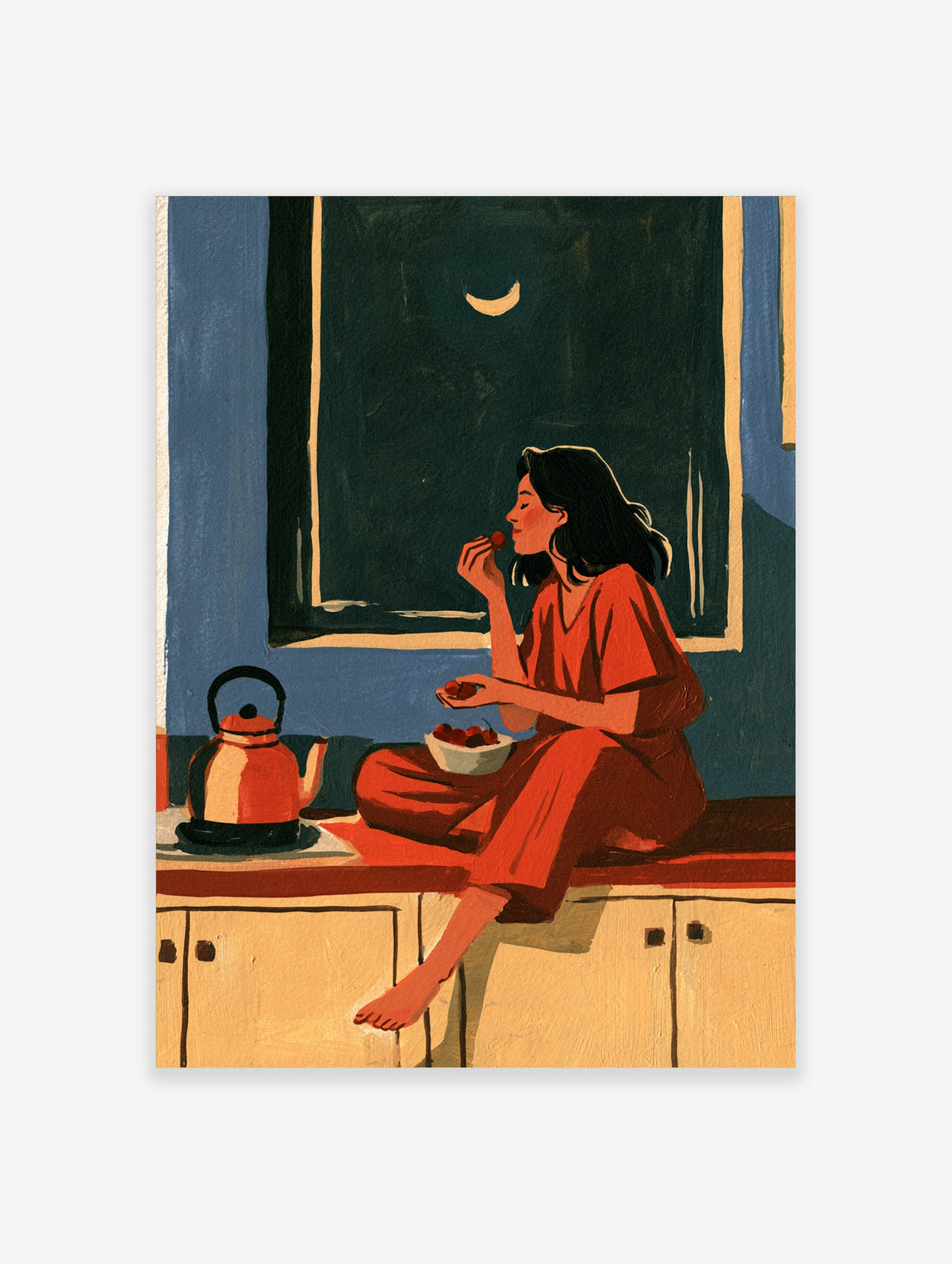 Woman in red eating cherries on a kitchen counter with a red kettle and crescent moon in the window