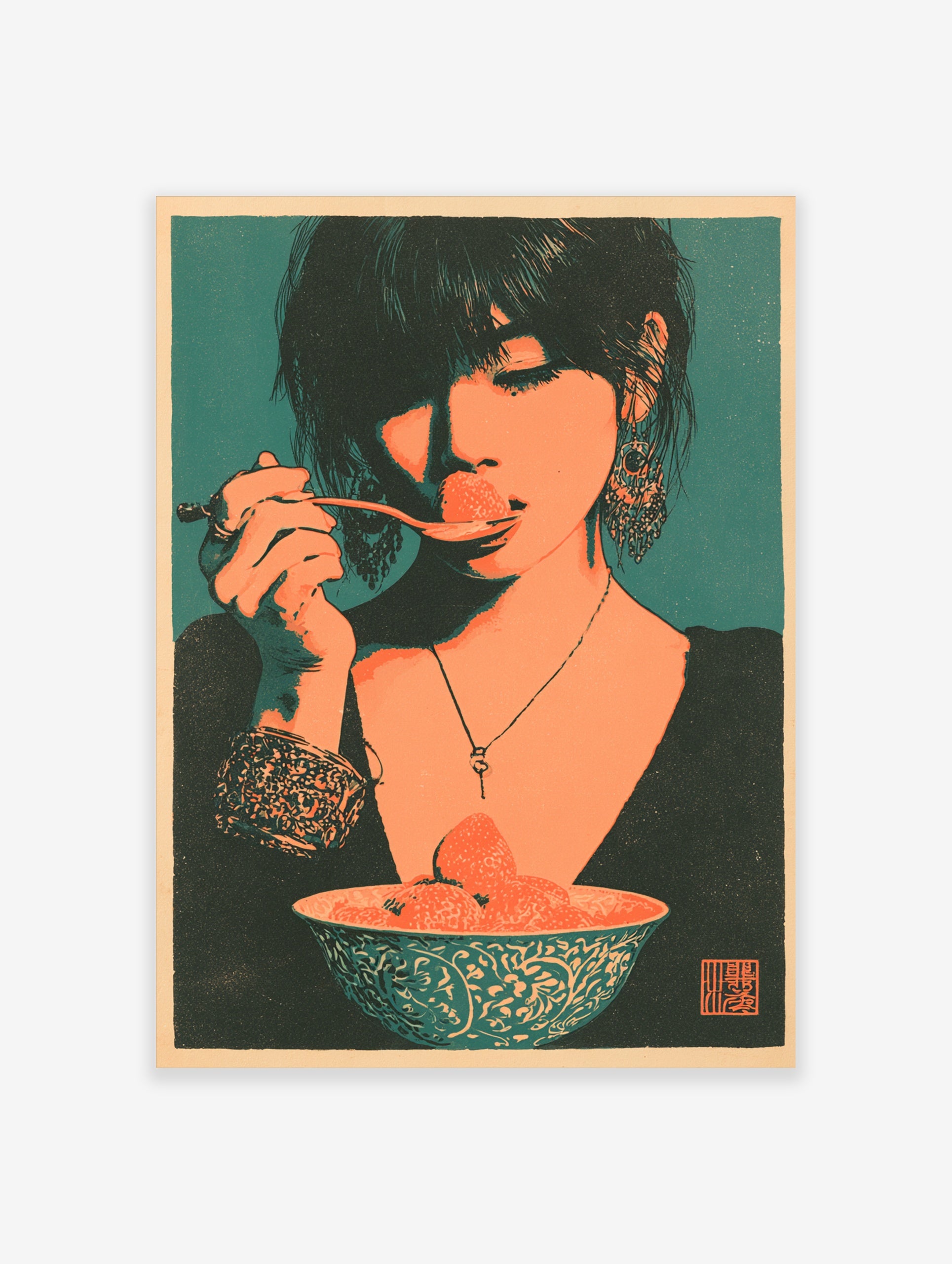 Stylized retro illustrative art print of a woman eating a strawberry from a bowl, teal background and orange tones