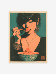 Stylized retro illustrative art print of a woman eating a strawberry from a bowl, teal background and orange tones