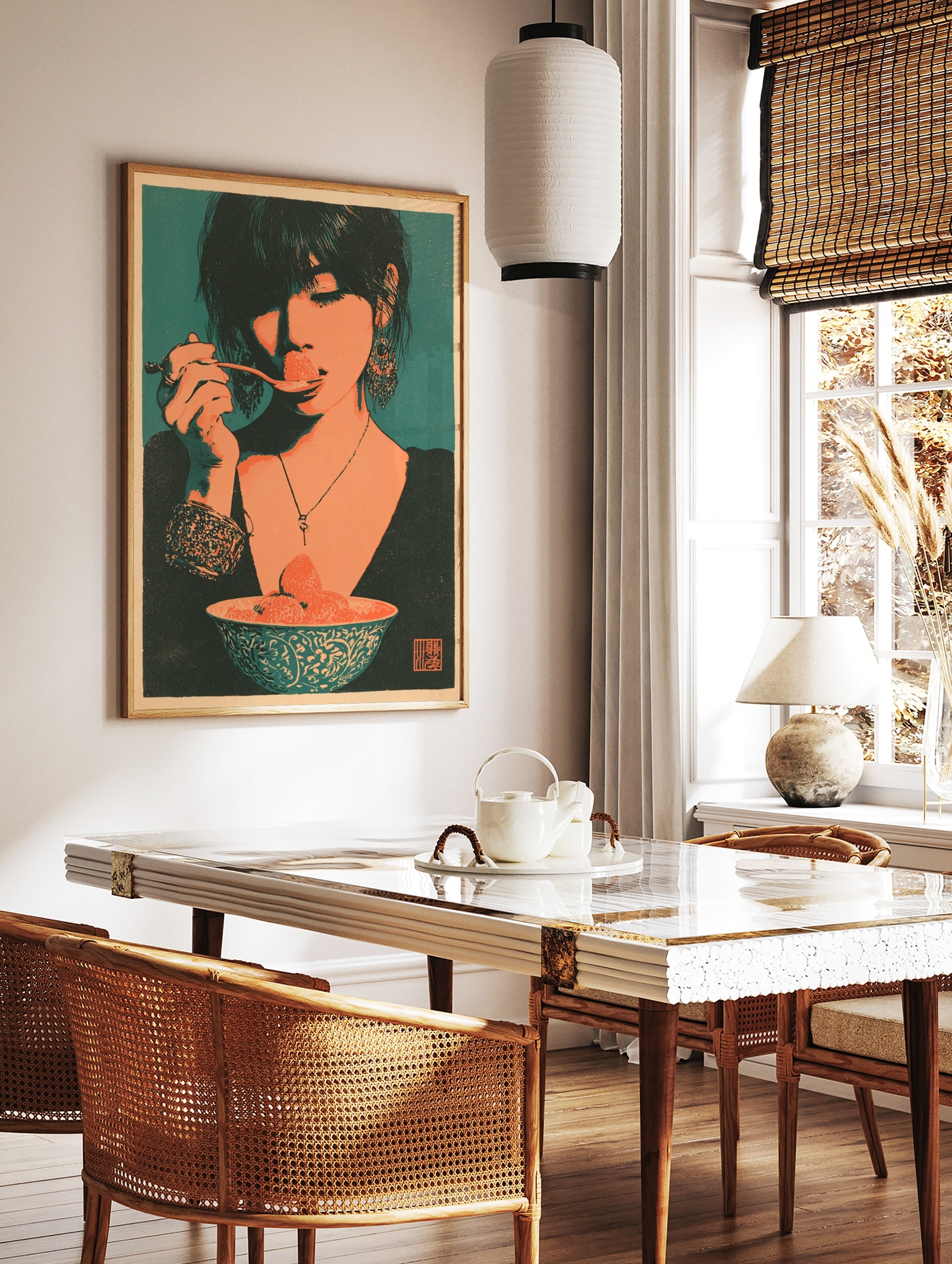 Stylized retro illustrative art print of a woman eating a strawberry from a bowl, teal background, in a styled room mockup