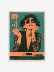 Retro style art print of a woman in sunglasses eating sushi with chopsticks and Japanese text on a teal background