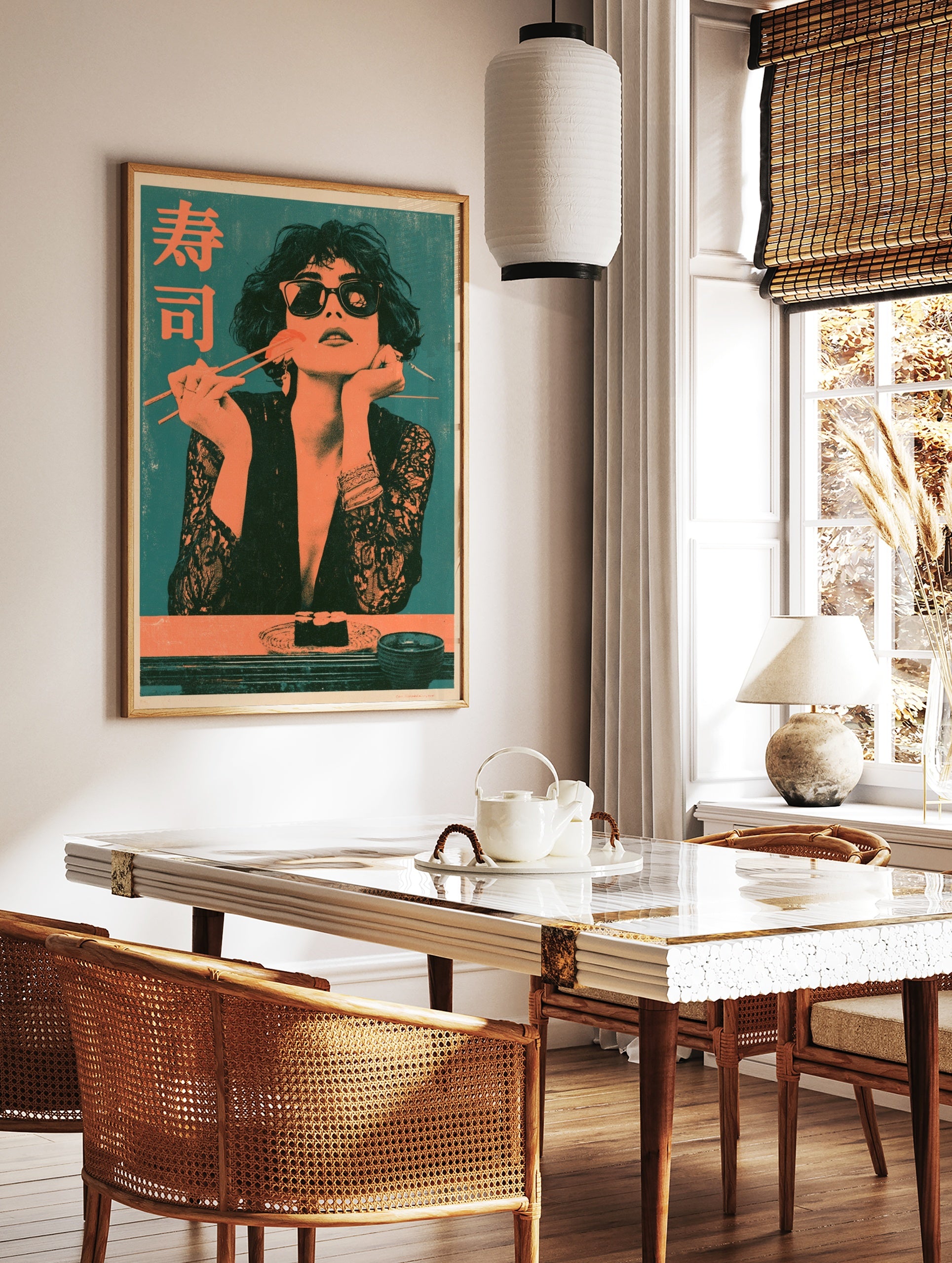 Retro style art print of a woman in sunglasses eating sushi with chopsticks and Japanese text on a, in a styled room mockup
