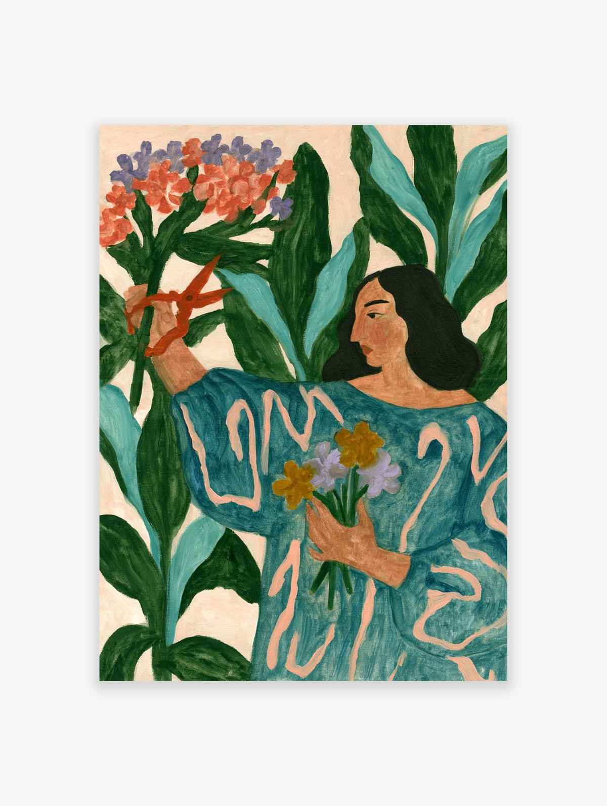Illustrative poster of a woman gardening with red scissors and flowers amidst lush green tropical leaves
