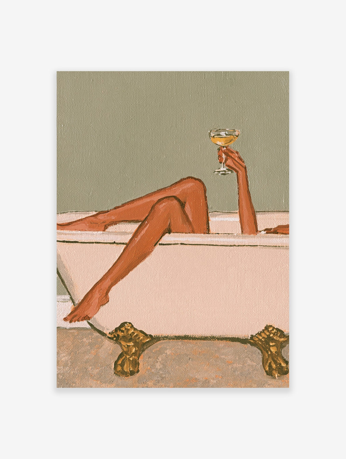 Illustrative art print of a woman relaxing in a clawfoot bathtub with a wine glass against a muted beige background