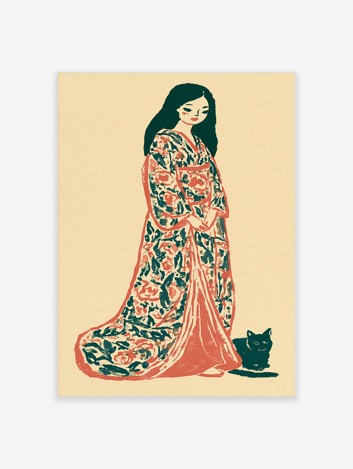 Woman in floral kimono with black cat, red and green pattern on beige background, illustrative art print
