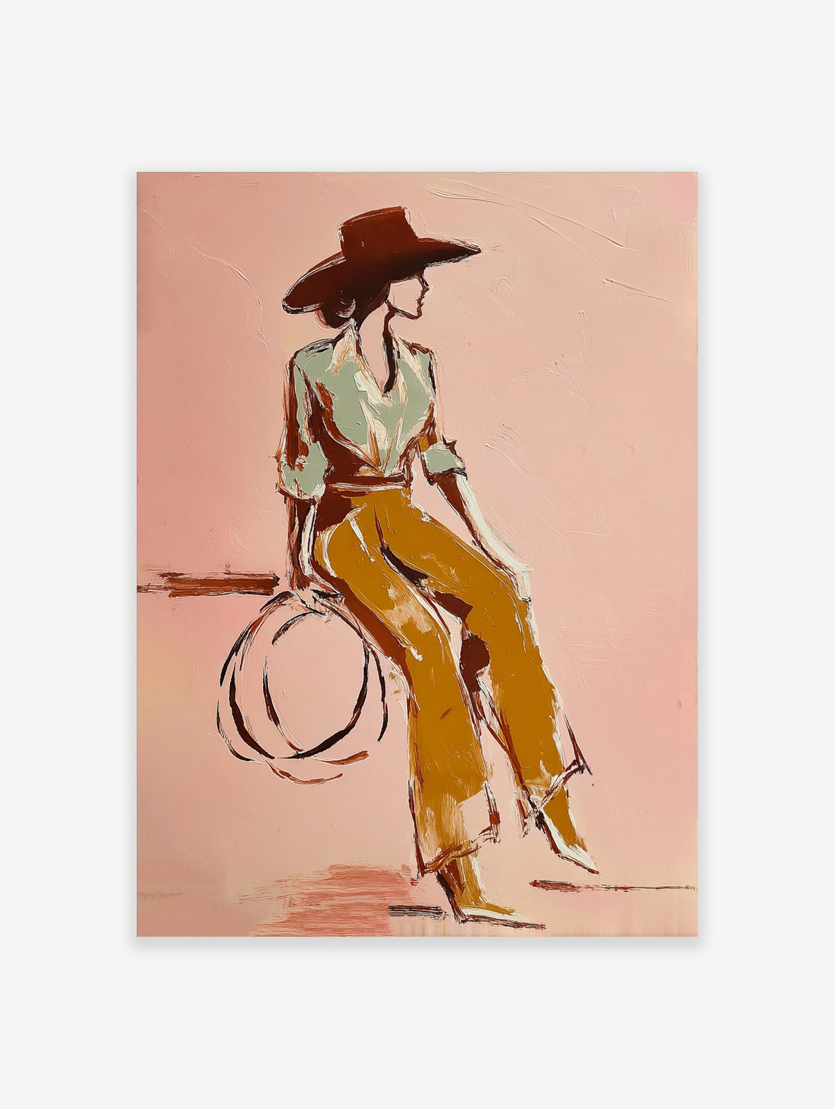 Illustrative print of woman in wide hat and ochre trousers against a pink background
