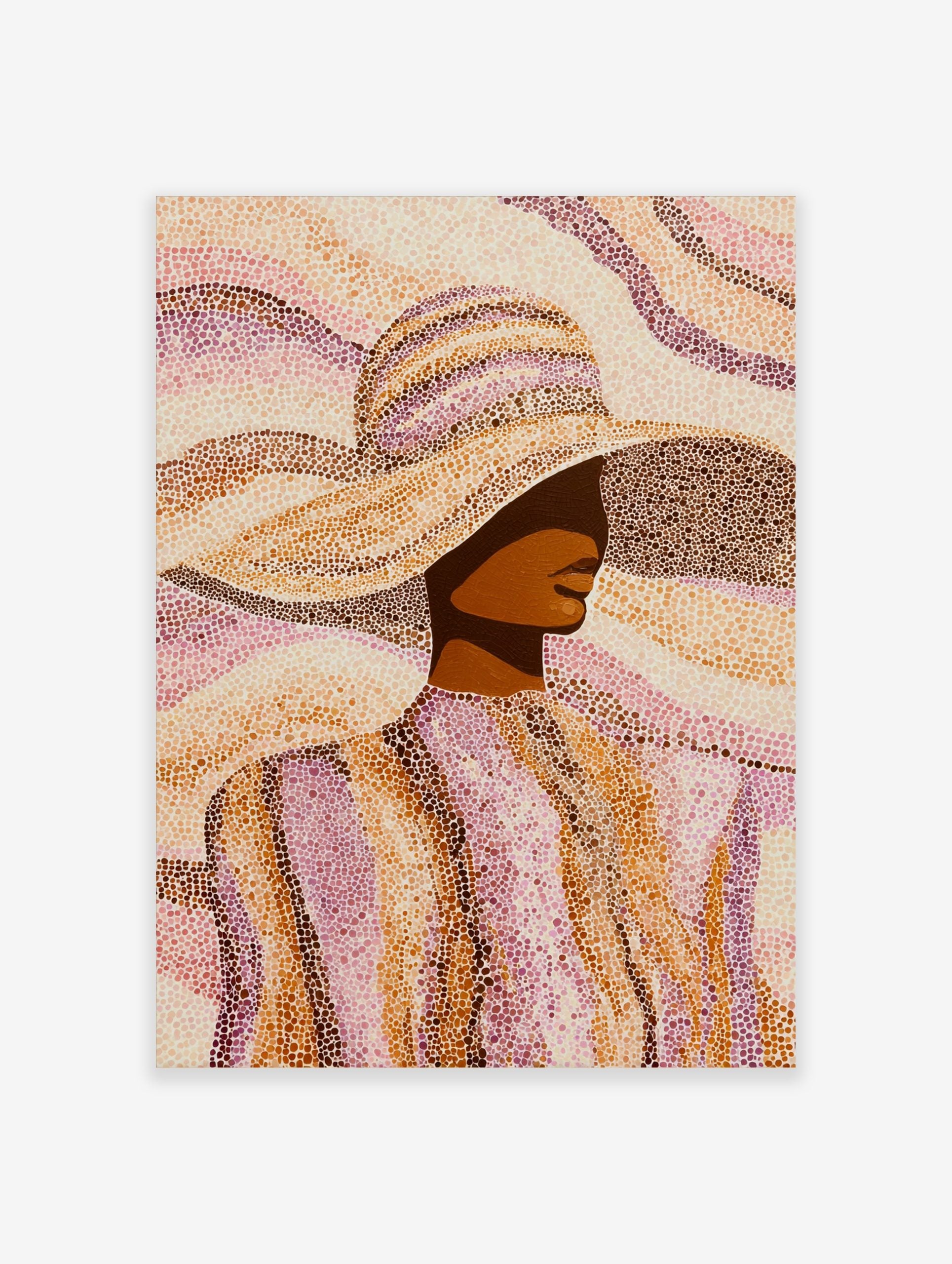 Pointillist art print of a woman in a wide-brimmed hat, rendered in brown, orange, and pink dots