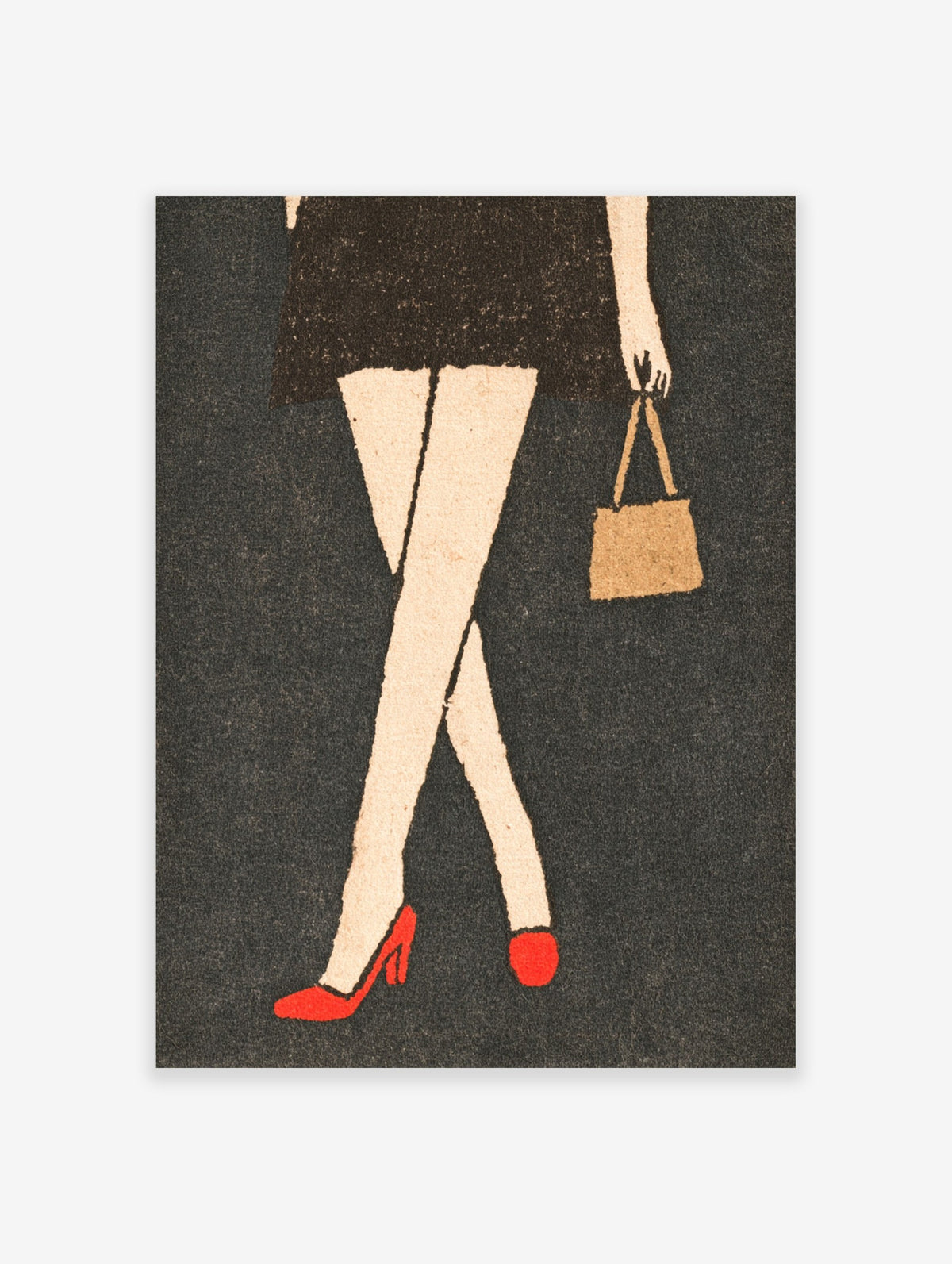 Minimalist fashion illustration of a woman in a black dress and red heels with a handbag on a dark textured background