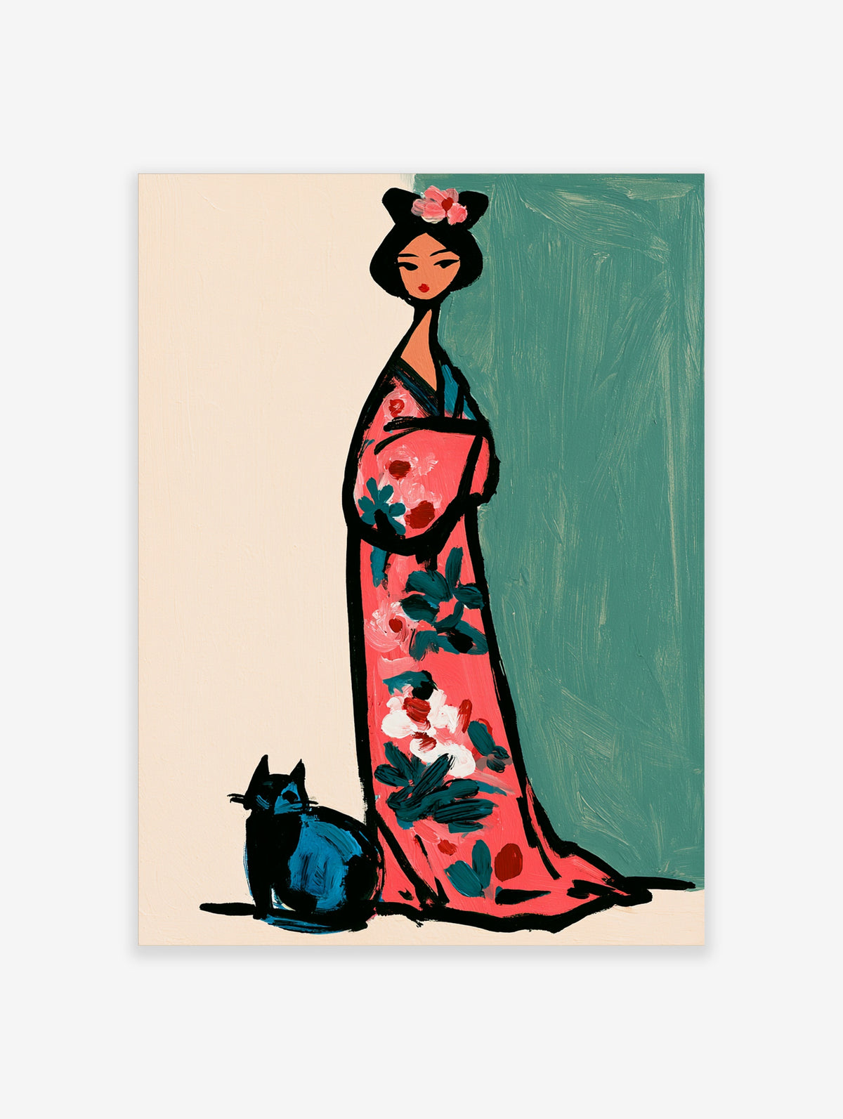 Woman in pink kimono with floral pattern and black cat, teal background, modern illustration art print