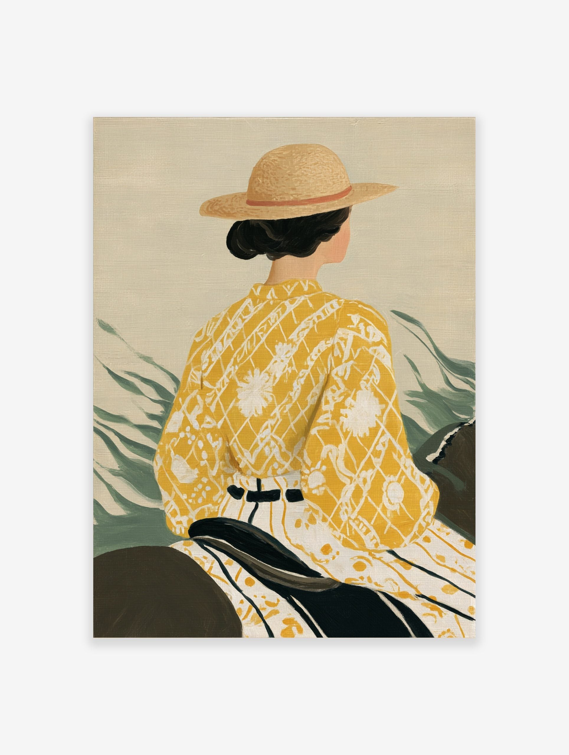 Illustrative art print of a woman in a straw hat and yellow patterned kimono-style top from behind