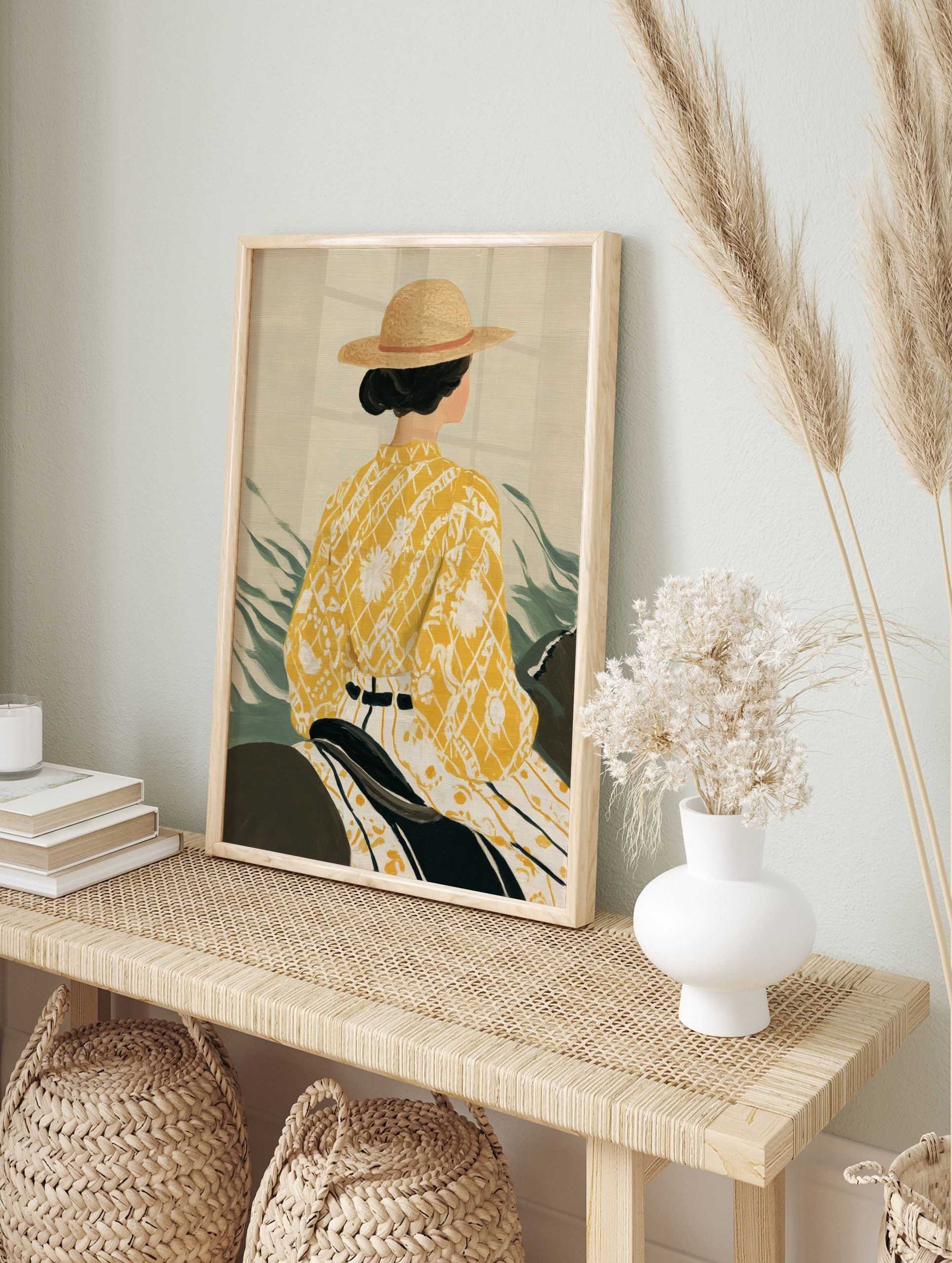 Illustrative art print of a woman in a straw hat and yellow patterned kimono-style top from, in an alternate framed mockup