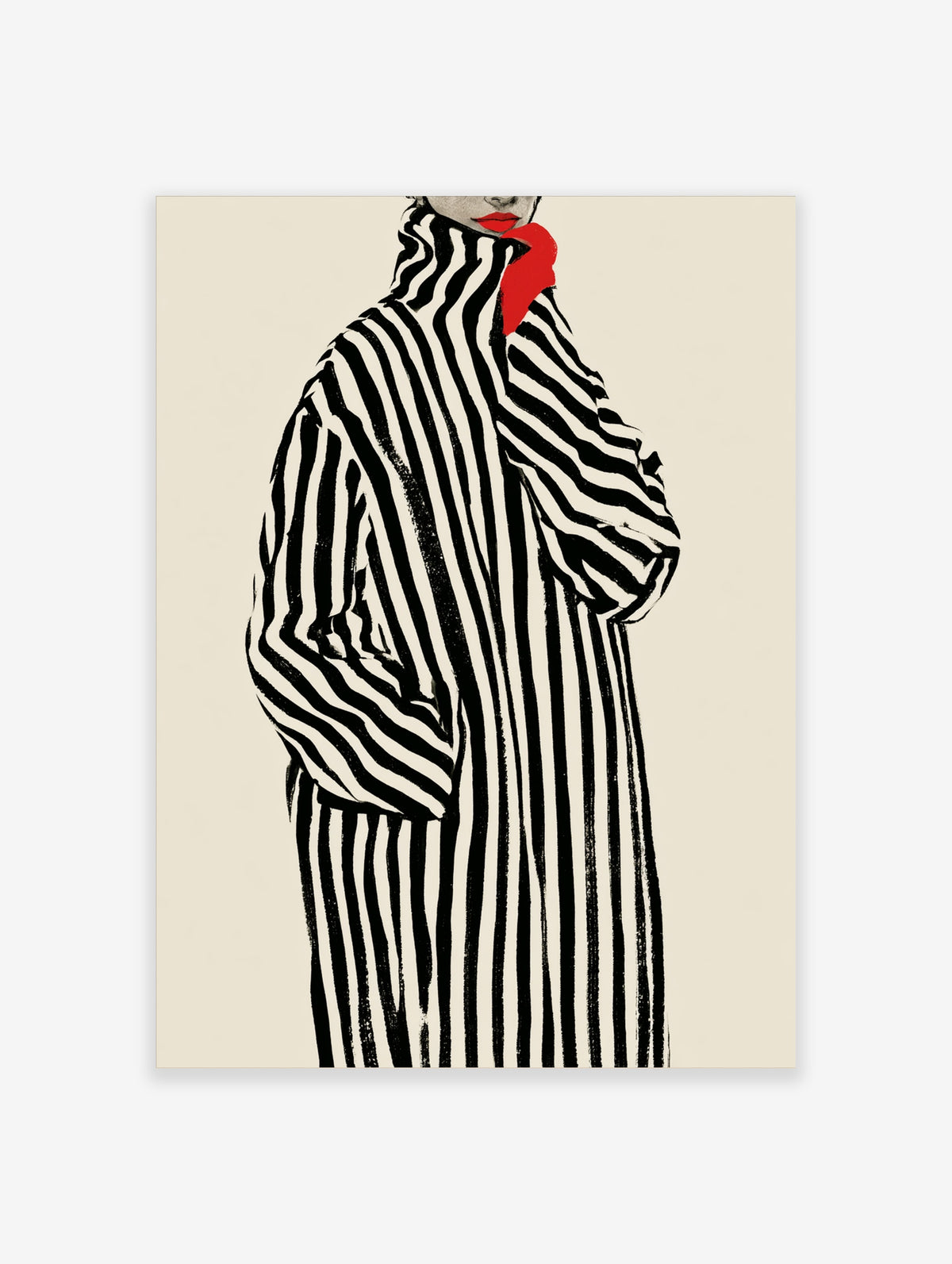 Fashion illustration of a woman in a black and white striped coat with red lips and a bright red neck accessory