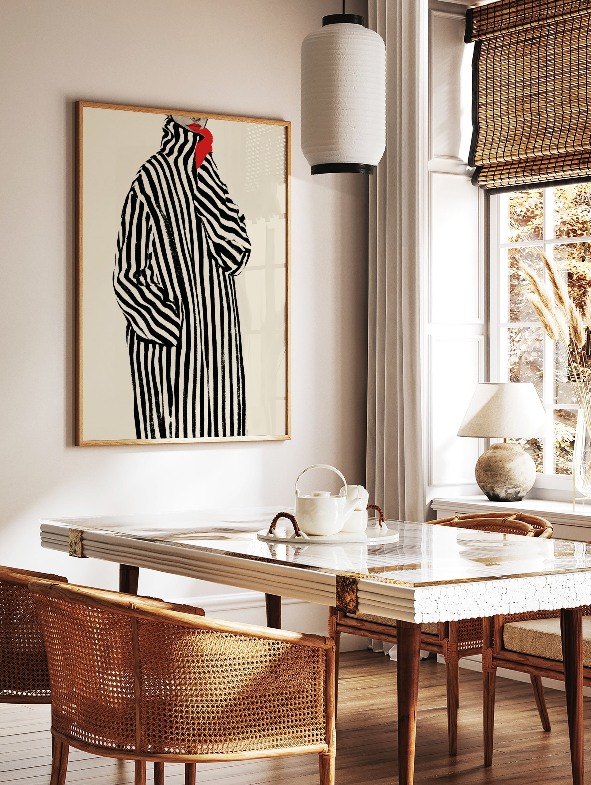 Fashion illustration of a woman in a black and white striped coat with red lips and a bright red, in a styled room mockup