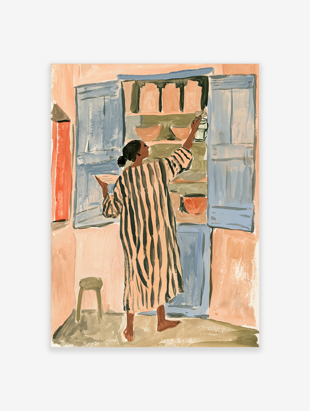 Woman in striped robe reaching into blue kitchen cupboard, peach wall, illustrative kitchen poster