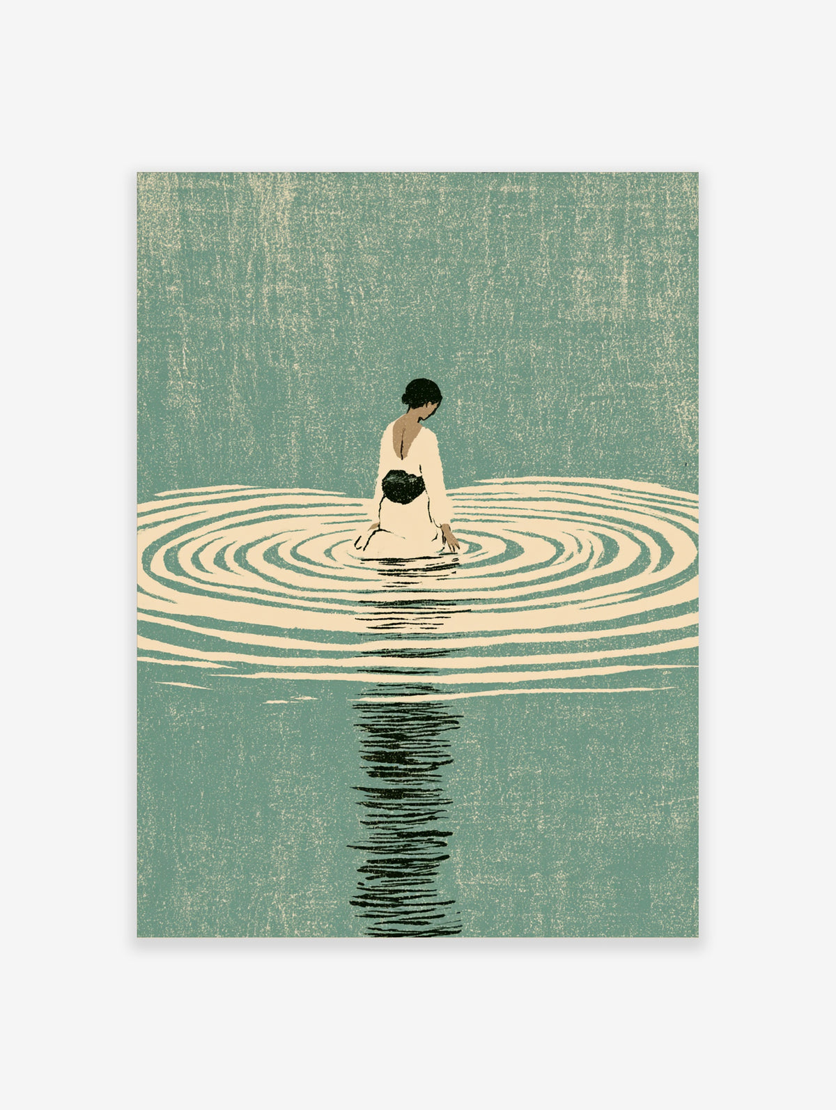 Minimalist poster of a woman seated in water with cream ripples and a dark reflection on a teal background