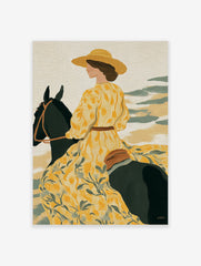 Illustrative art print of a woman in a yellow floral dress and hat riding a dark horse, looking right