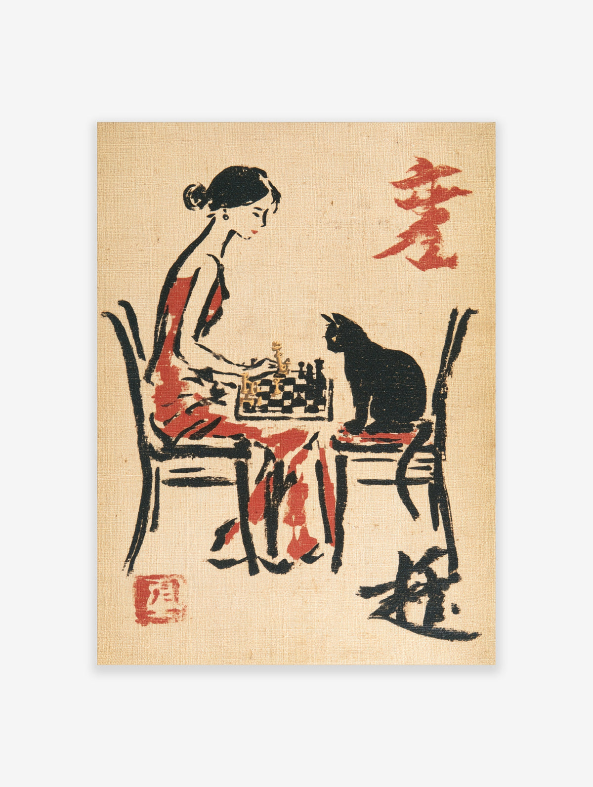 Woman in red dress playing chess with black cat, oriental illustration print on beige background