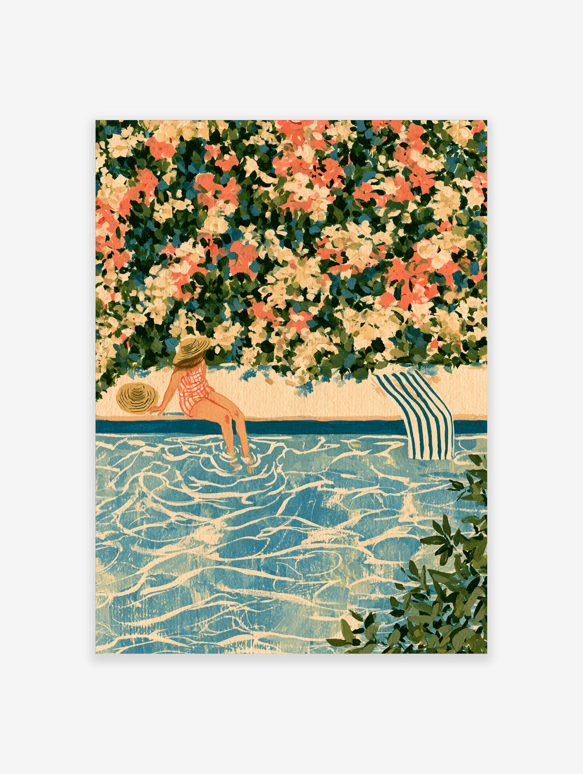 Woman in striped swimsuit sitting on pool edge under floral canopy, blue water, straw hat, blue and white towel