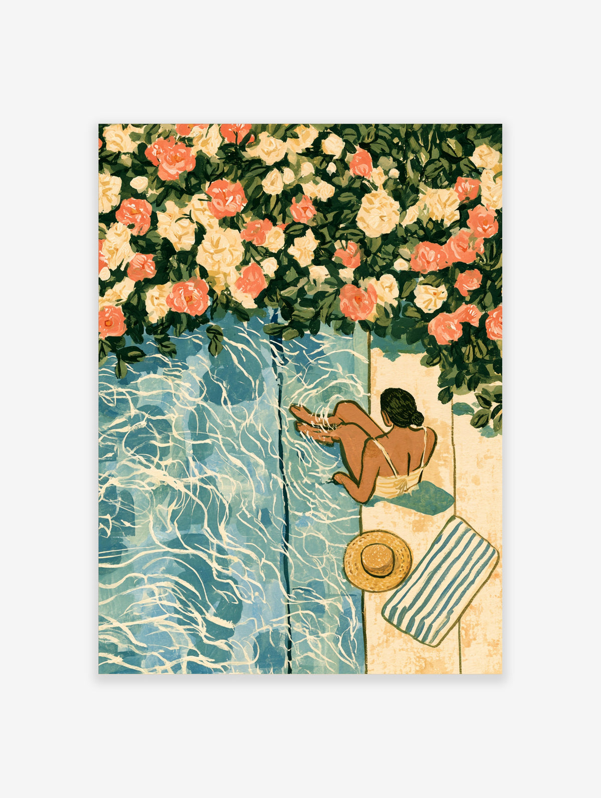 Woman sitting poolside surrounded by pink and cream roses, with straw hat and striped towel, blue water illustration