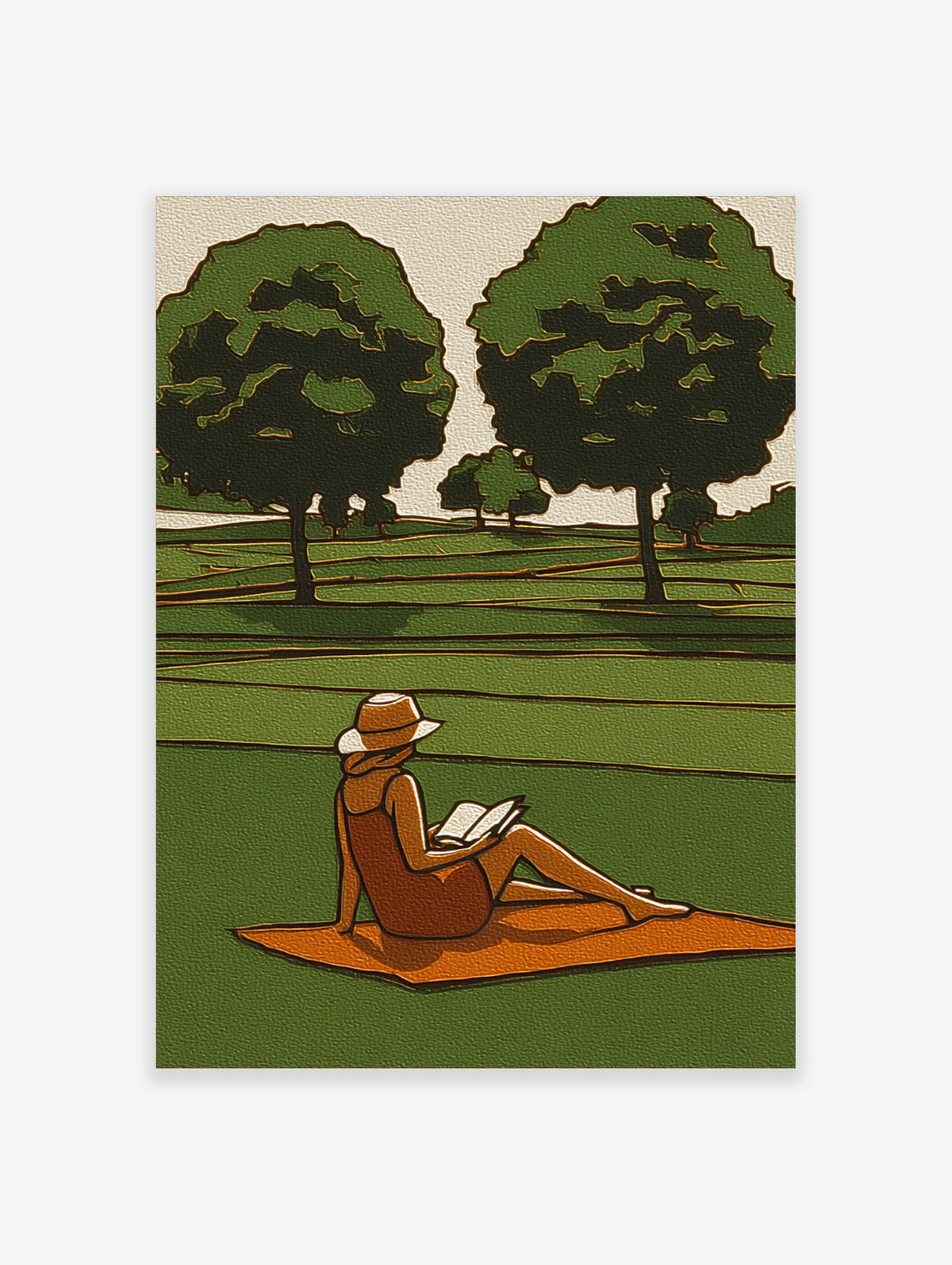 Woman in sun hat reading a book on an orange blanket in a green landscape with trees