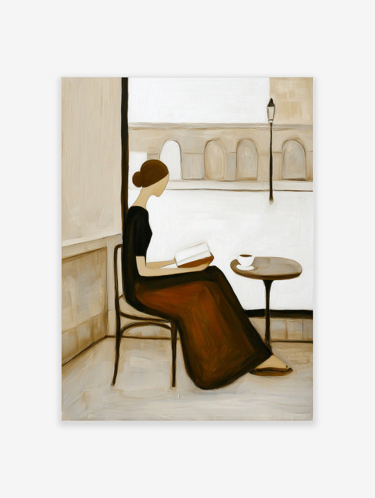 Minimalist poster of a woman reading a book at a cafe table with a coffee cup, neutral beige tones