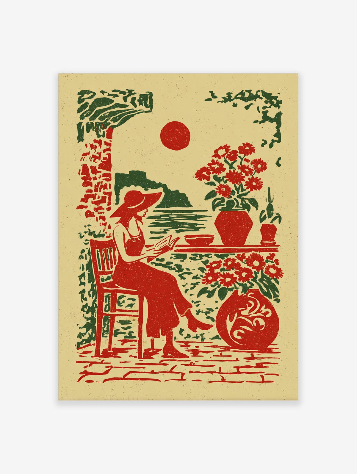 Illustrative print of a woman in a hat reading by the sea with red sun and potted flowers in red and green