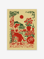 Illustrative print of a woman in a hat reading by the sea with red sun and potted flowers in red and green