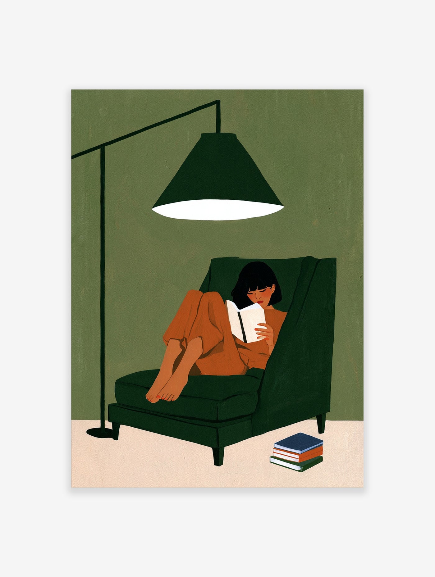 Illustrative art print of a woman reading in a green armchair under a floor lamp with a stack of books on the floor