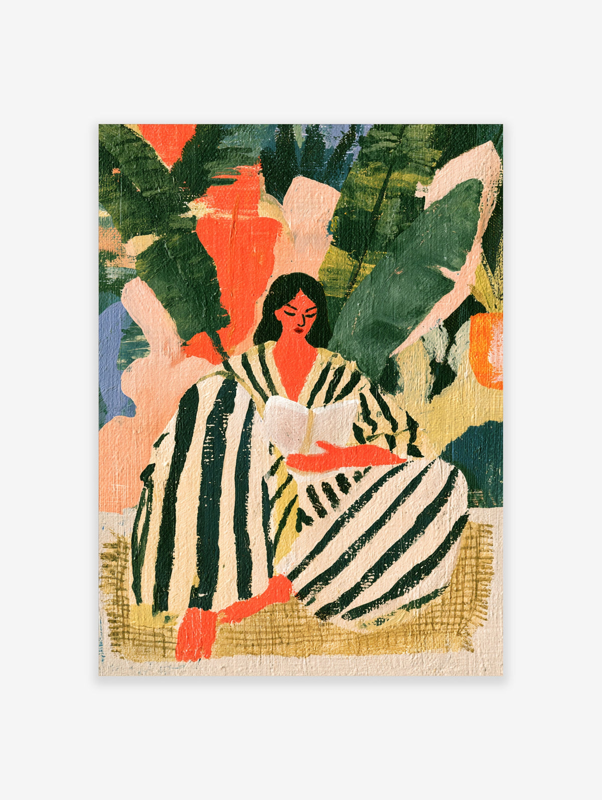 Woman reading book in striped robe with green leaves and orange shapes art print