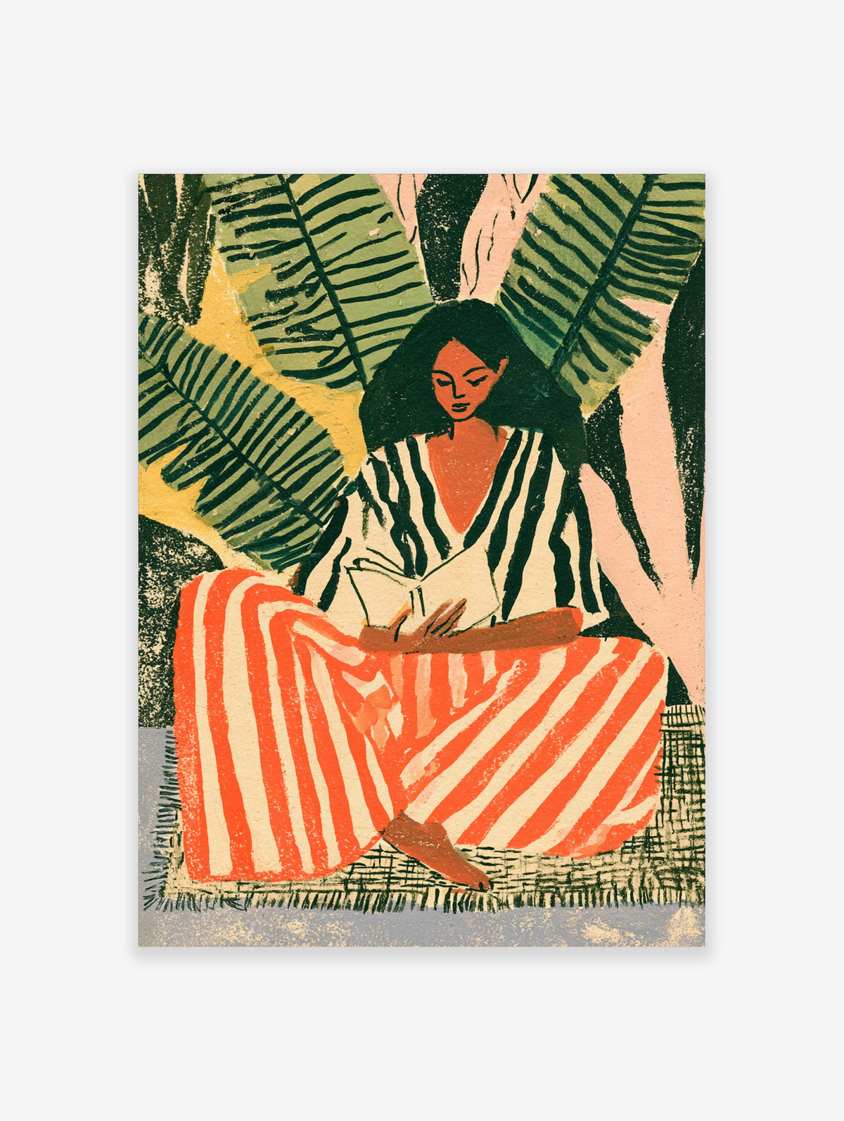 Woman reading a book seated among large tropical leaves, wearing striped clothing, flat illustration art print
