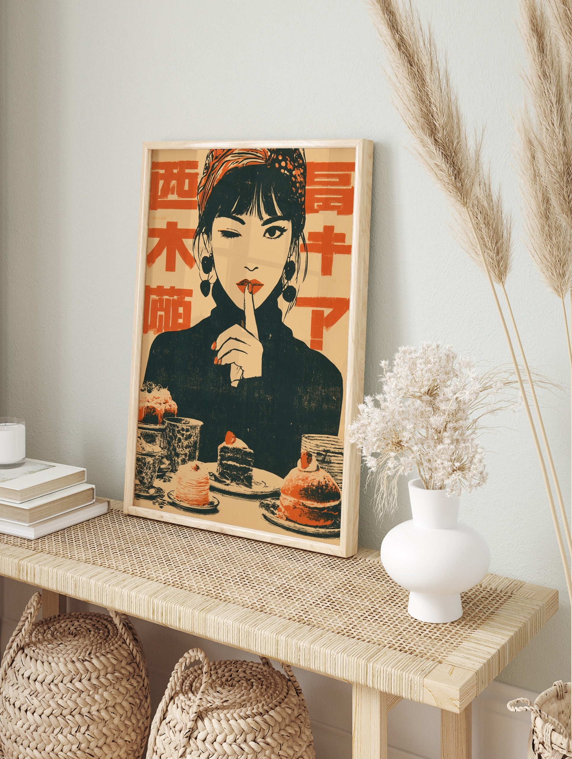 Retro illustration of a winking woman with a headscarf shushing, surrounded by cakes, with, in an alternate framed mockup