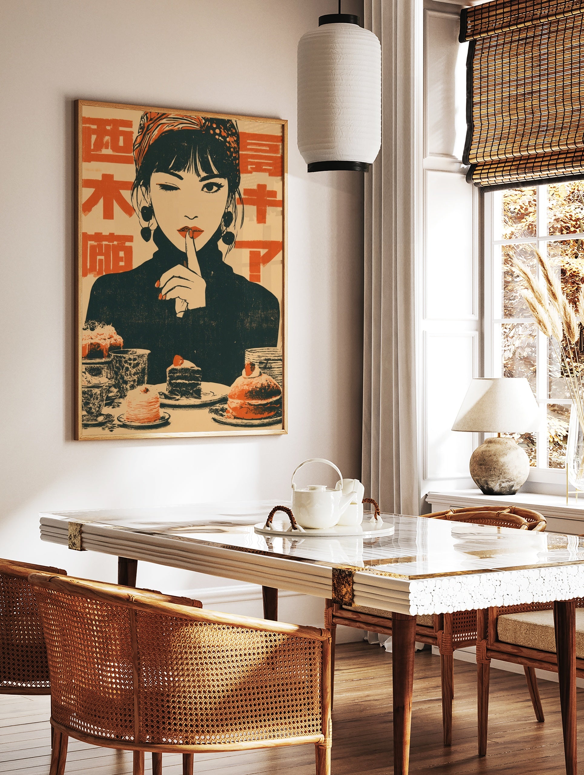Retro illustration of a winking woman with a headscarf shushing, surrounded by cakes, with Japanese, in a styled room mockup