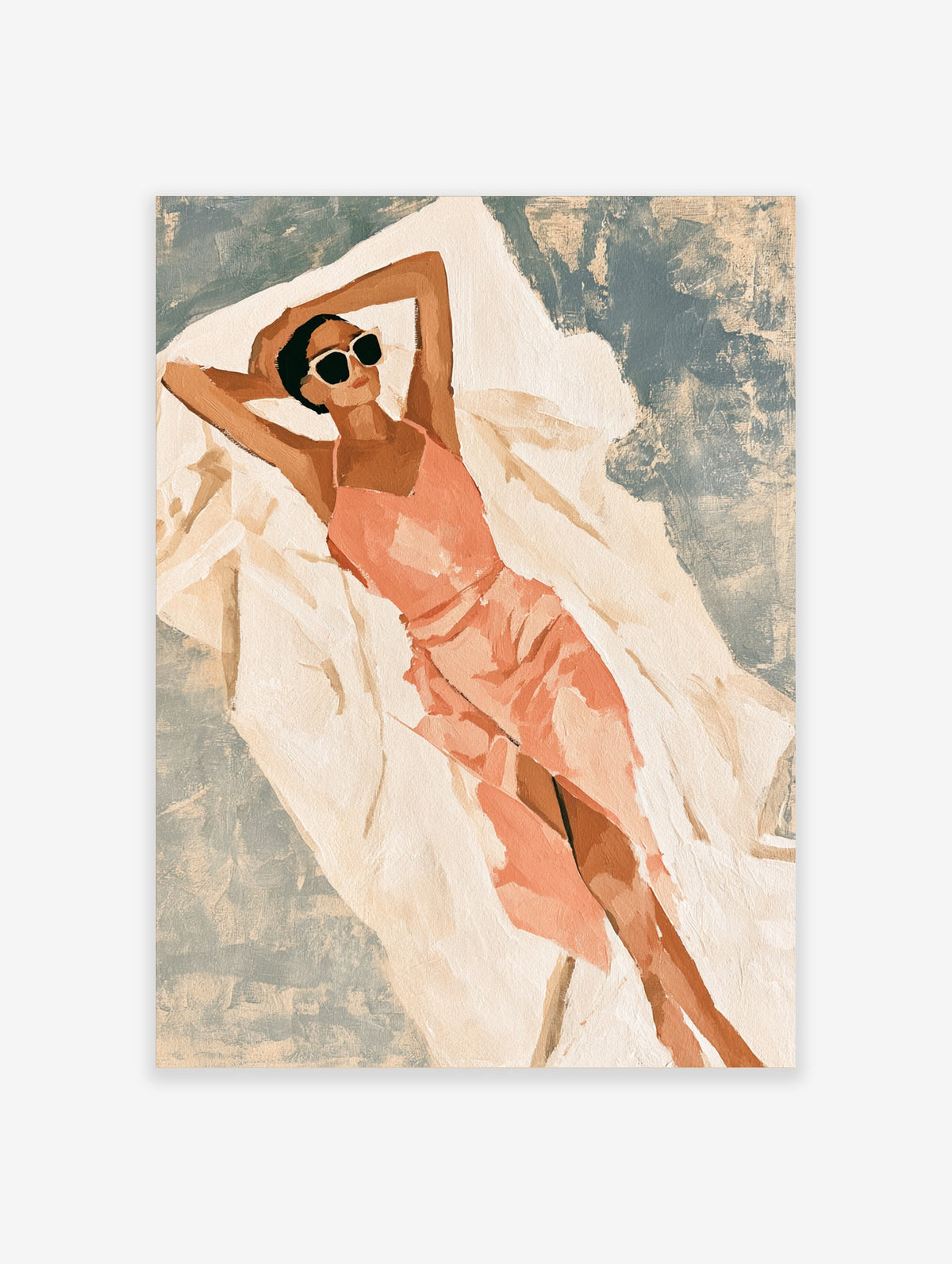 Woman sunbathing in coral dress and sunglasses on cream towel, summer beach art print
