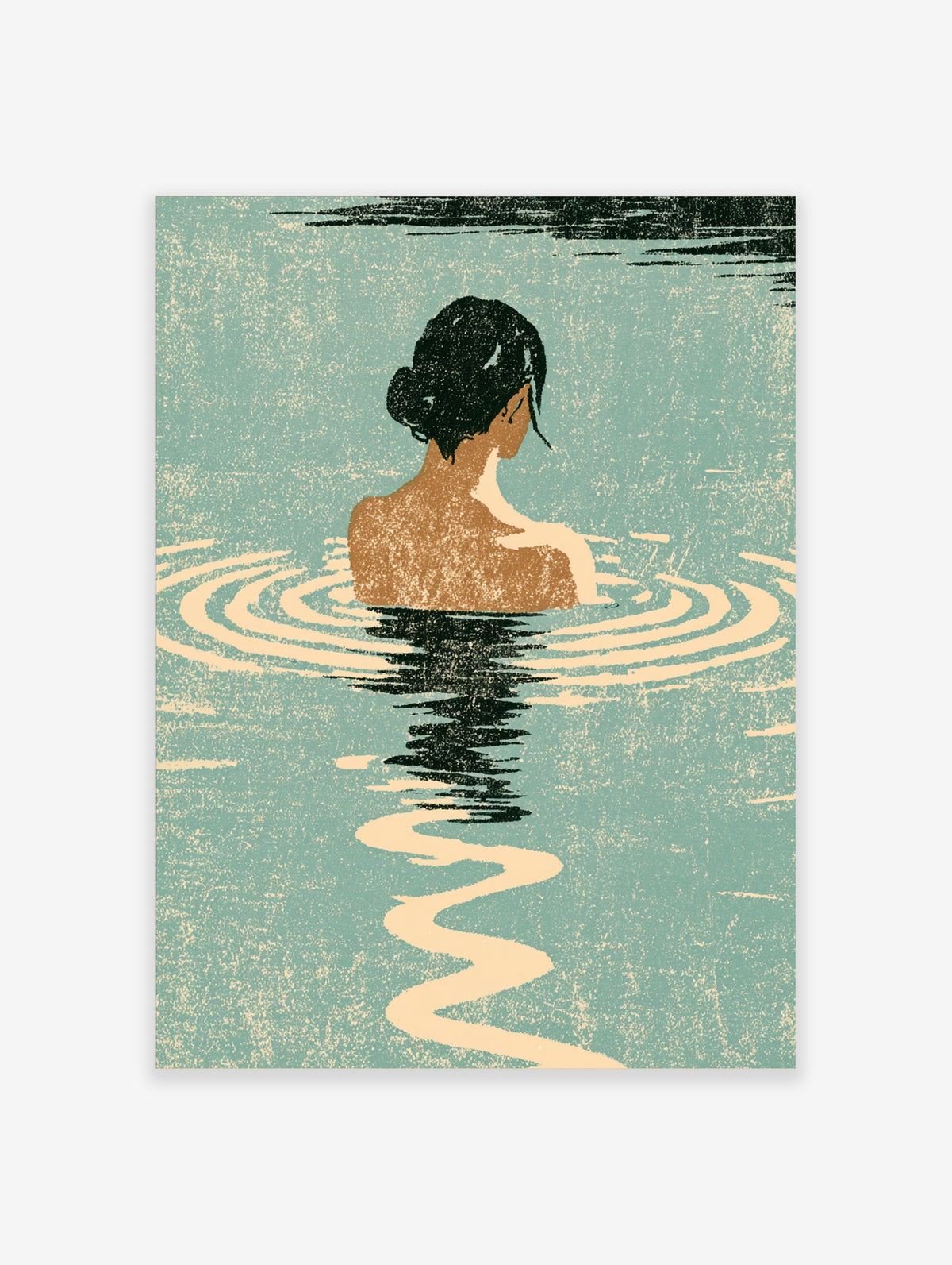 Minimalist poster of a woman swimming in rippling teal water, seen from behind with a dark reflection