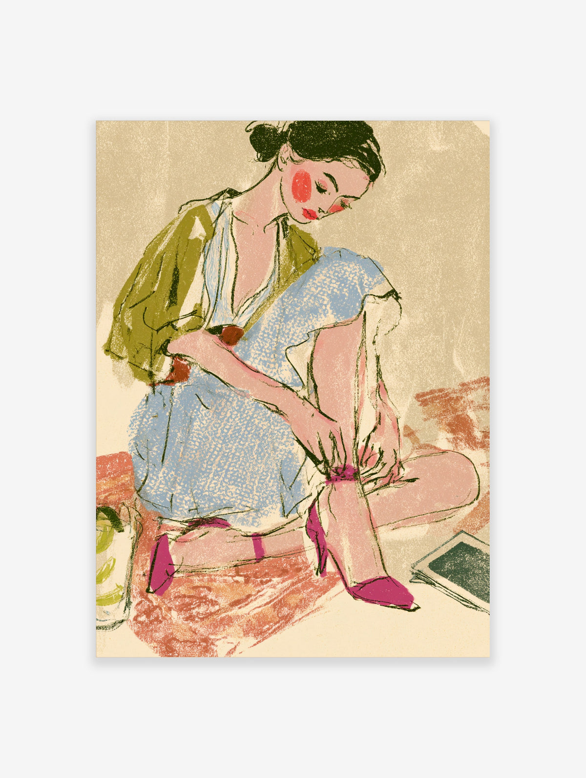 Fashion illustration poster of a seated woman tying a pink shoe, wearing a blue dress and green cardigan