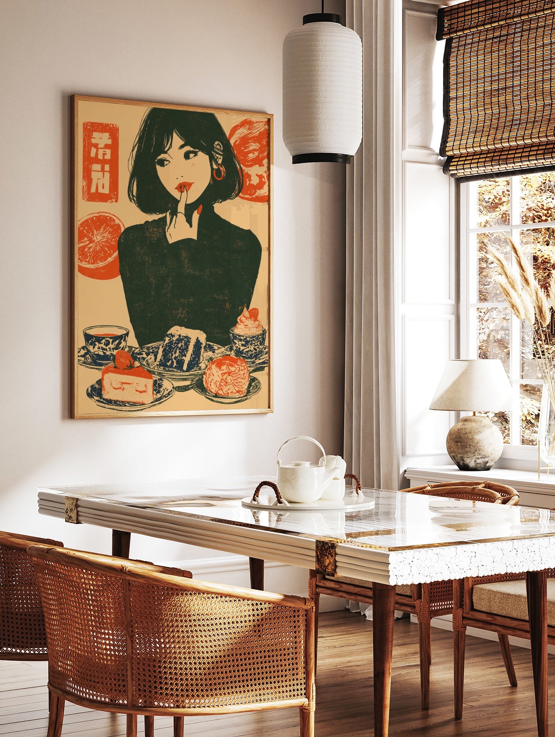 Retro illustrative wall art print of a woman with cake, citrus, and Japanese text on a cream, in a styled room mockup