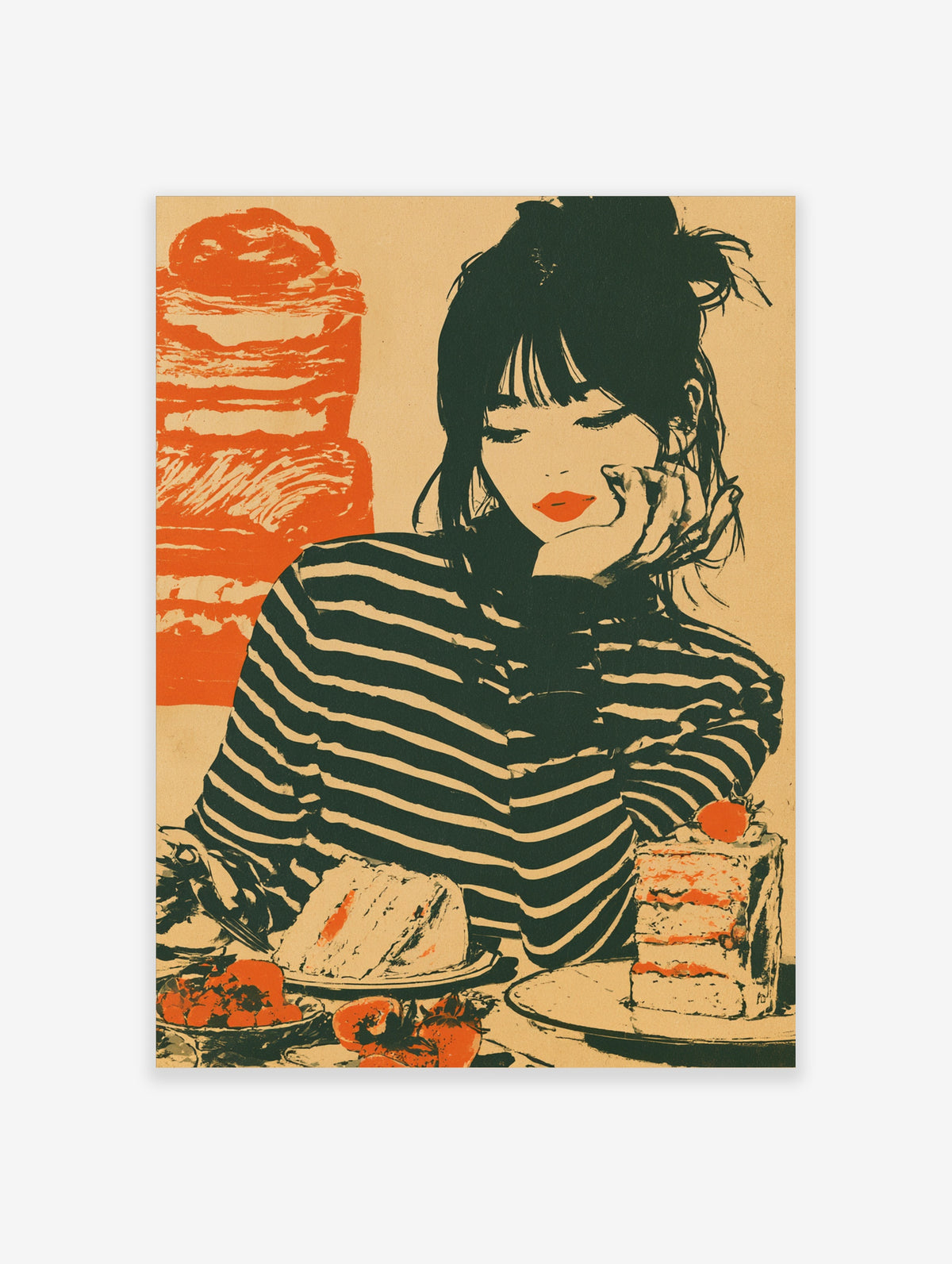 Vintage illustrative art print of a woman in a striped shirt looking at a cake and strawberries on a tan background