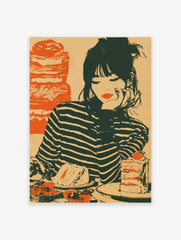 Vintage illustrative art print of a woman in a striped shirt looking at a cake and strawberries on a tan background