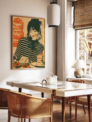 Vintage illustrative art print of a woman in a striped shirt looking at a cake and strawberries on, in a styled room mockup