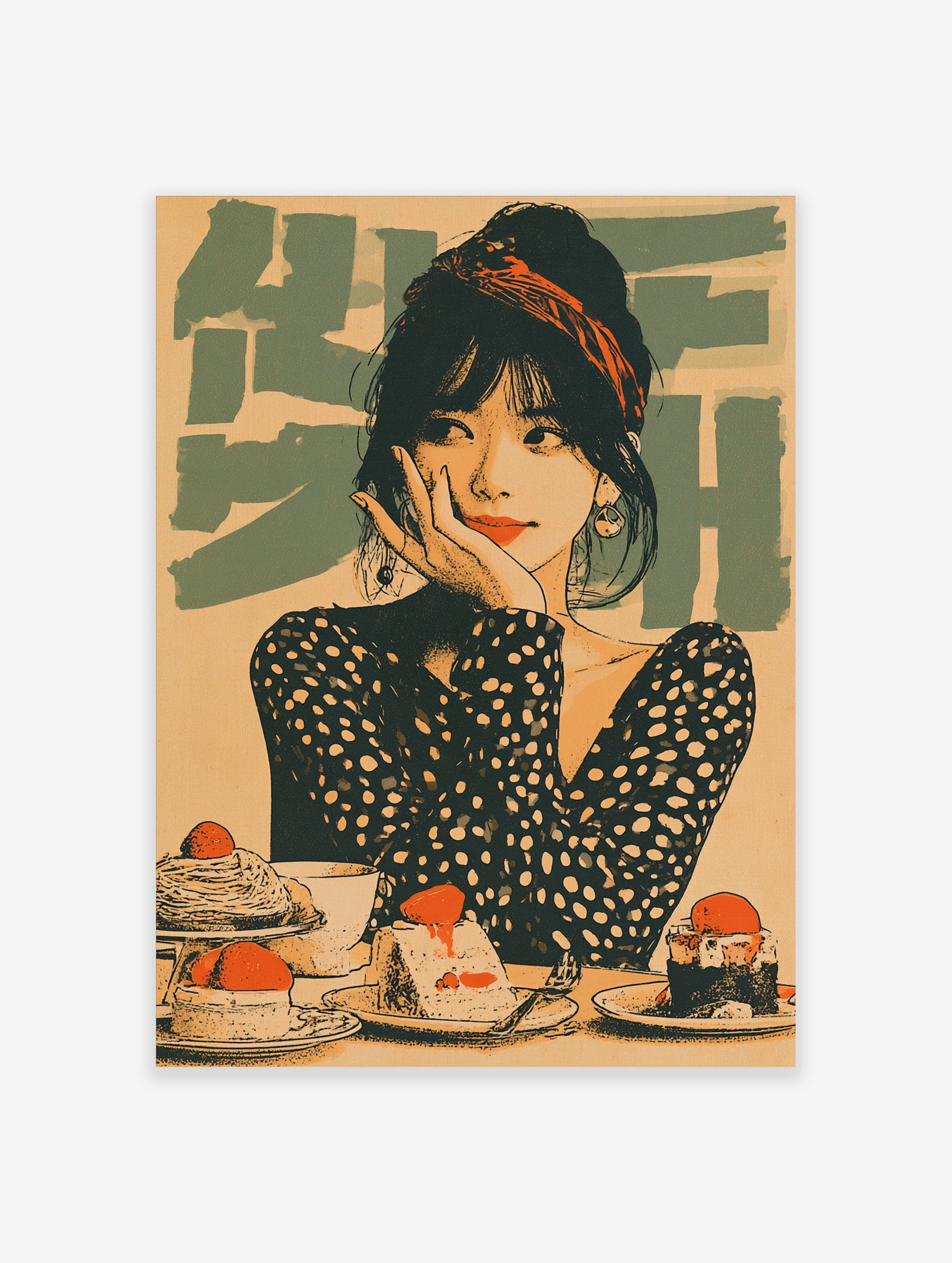 Retro illustrative wall art showing a woman with a red headband and polka dot top surrounded by cakes and pastries